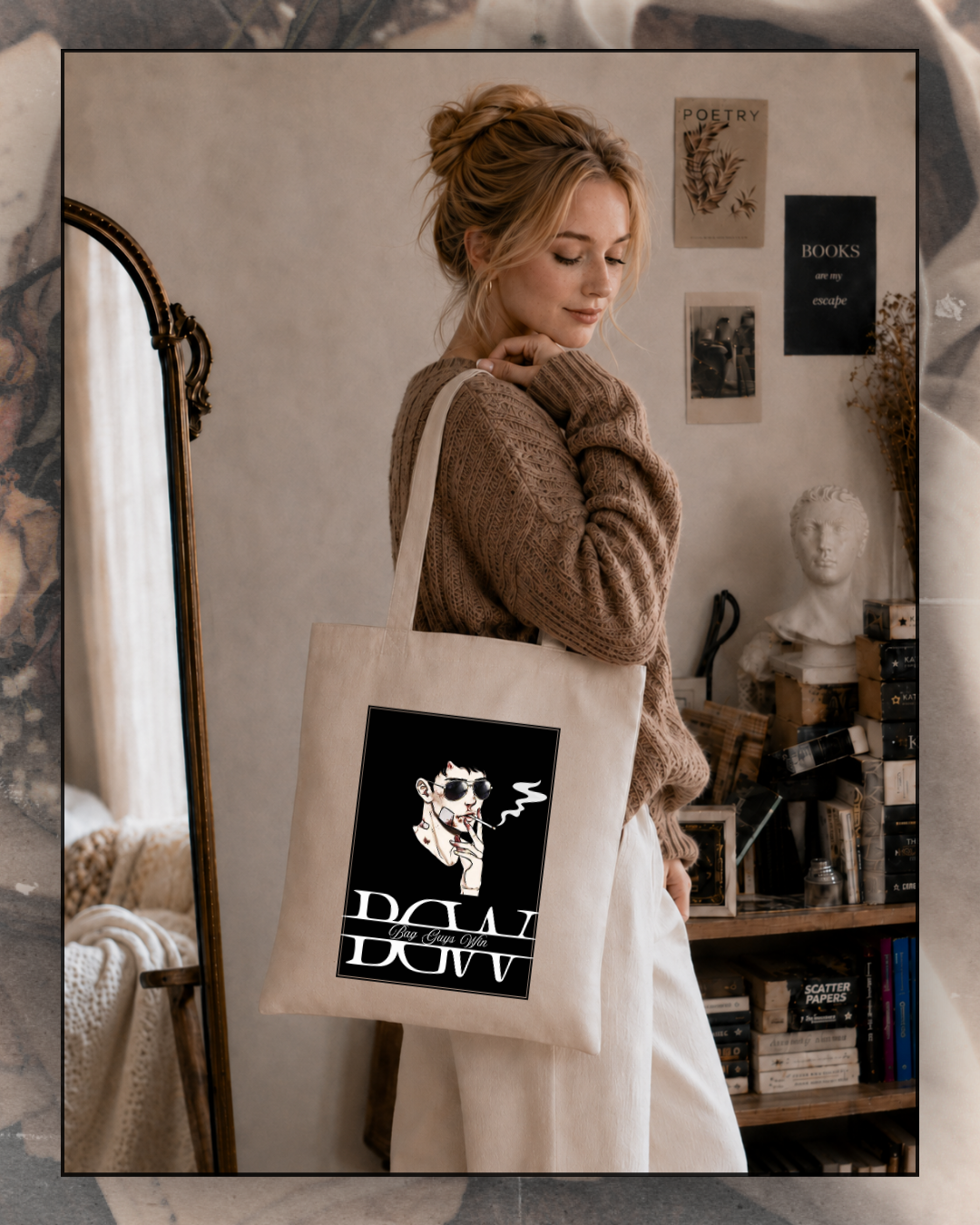 Tote bag en coton beige avec illustration graphique noire inspirée des bad boys littéraires : “Bag Guys Win”, inspiré du trope bad guy wins pour lectrices de dark romance, idéal pour transporter livres et romans.