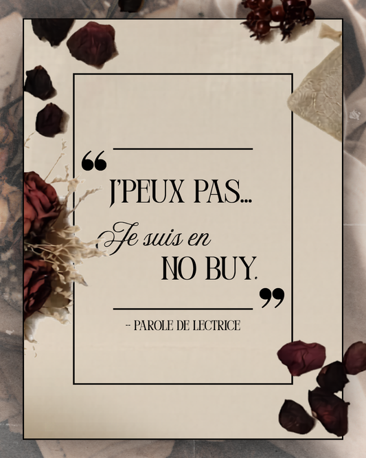 Tote bag lecture en coton beige “J’peux pas, je suis en No Buy”, avec citation humoristique pour lectrices qui limitent leurs achats de livres, idéal comme cadeau de lectrice et comme accessoire bookish pour transporter livres et romans.