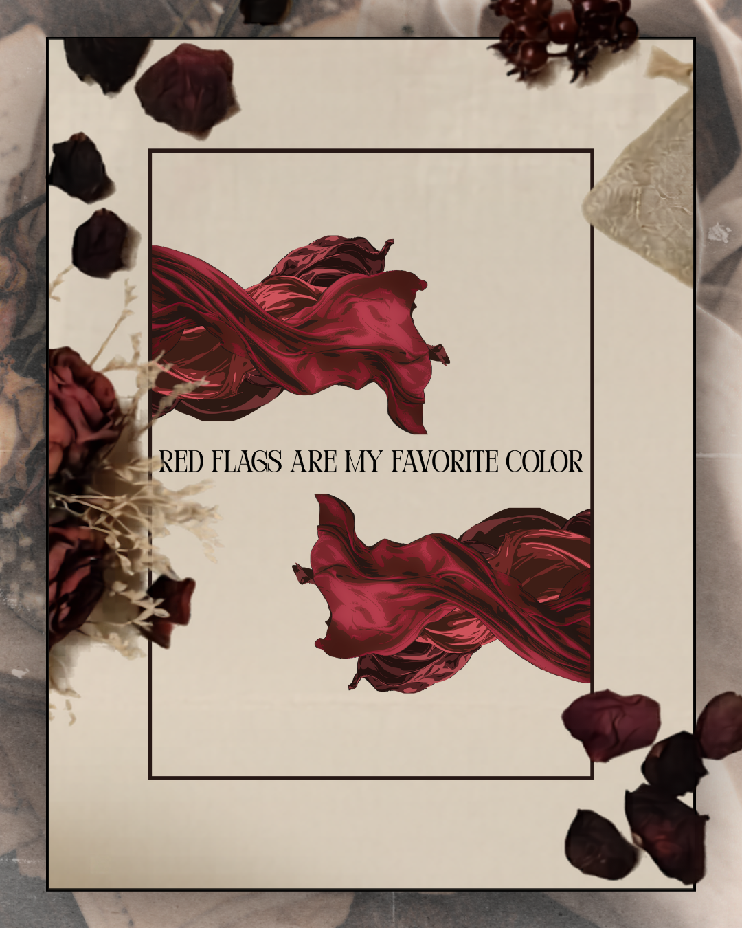 Tote bag en coton beige avec illustration rouge et noire “Red flags are my favourite color”, pensé pour les lectrices de dark romance et les amatrices de personnages toxiques, idéal pour transporter livres et romans.